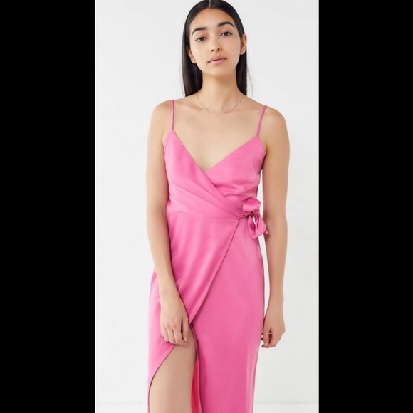urban outfitters pink wrap dress Urban Outfitters Wrap Dress Womens Pink Small Chiffon Romantic Long Sleeve Y2K